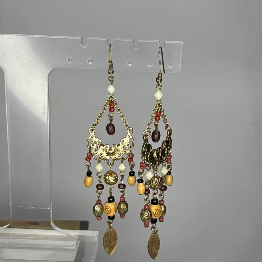 Bohemian Gold and Brown Chandelier Earrings with Leaf Charms - Picture 3 of 3